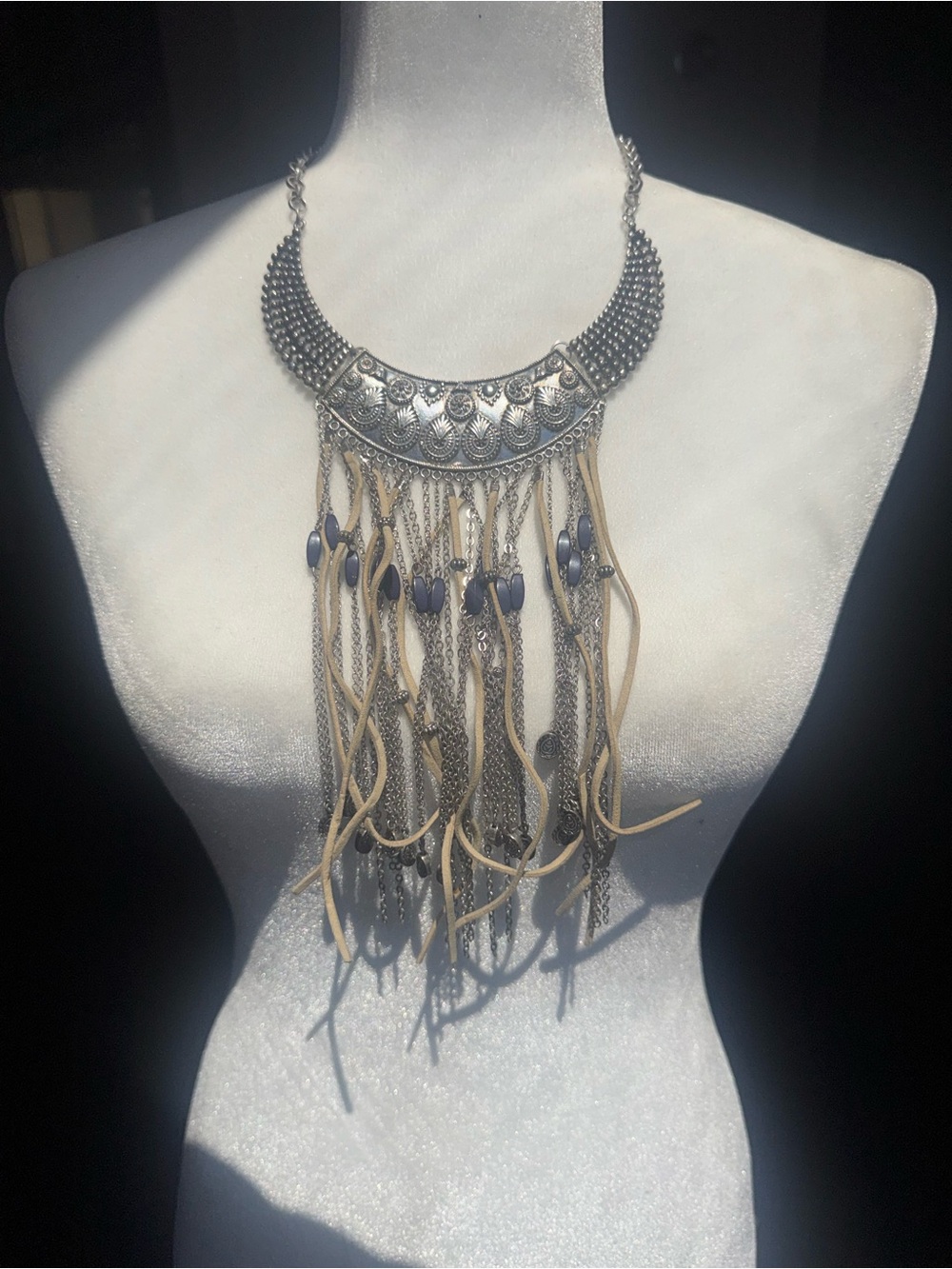 Boho Silver Statement Fringe Necklace with Blue Accents beige choker - Picture 2 of 6